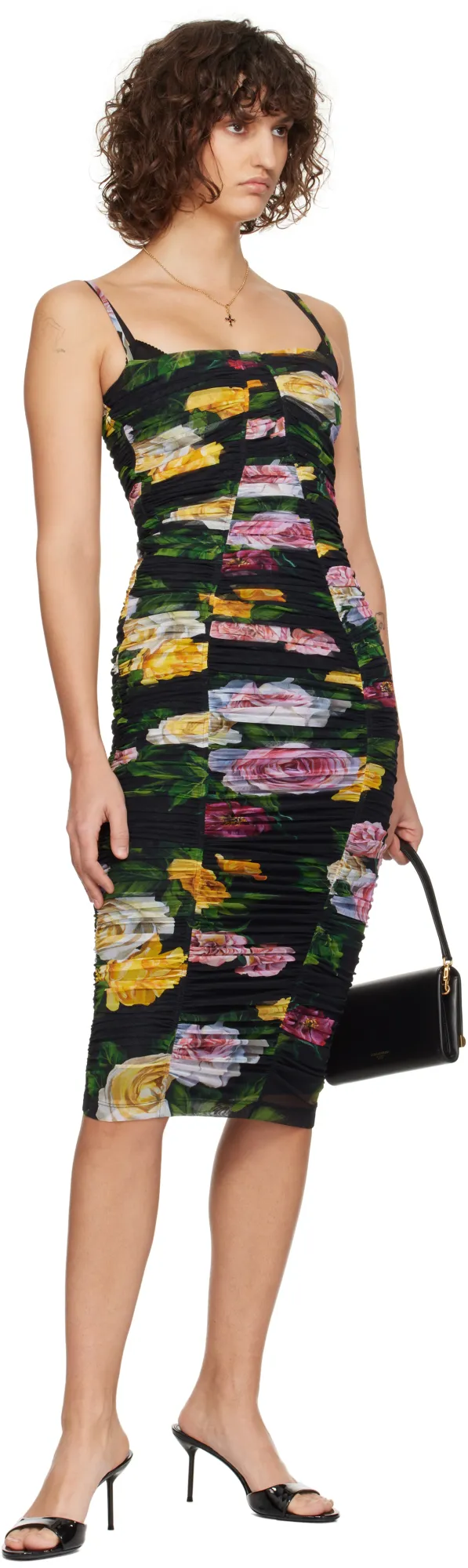 Floral Printed Tulle Calf-Length Slip Dress