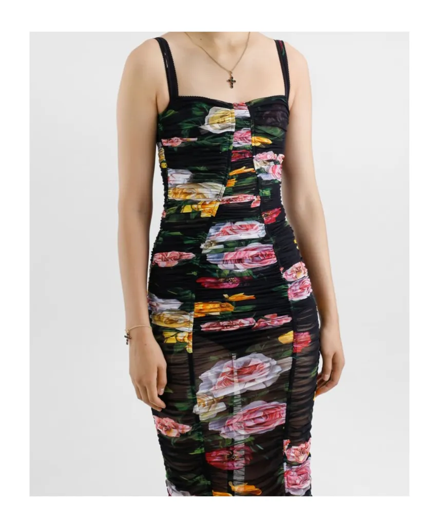 Floral Printed Tulle Calf-Length Slip Dress