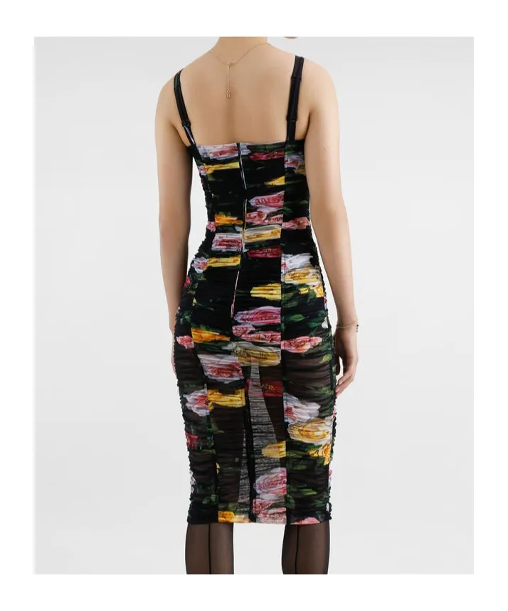 Floral Printed Tulle Calf-Length Slip Dress