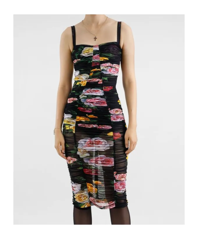 Floral Printed Tulle Calf-Length Slip Dress