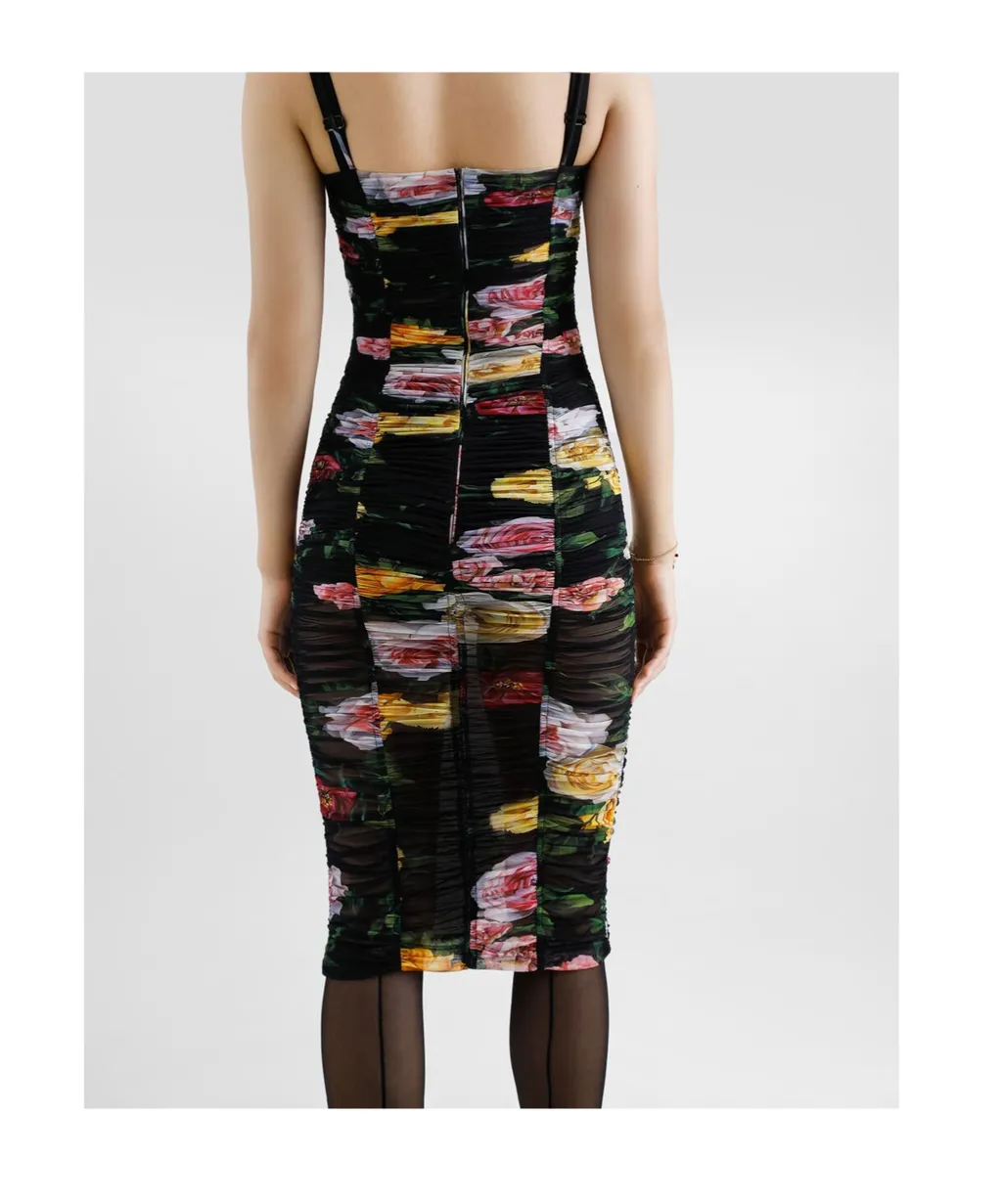 Floral Printed Tulle Calf-Length Slip Dress