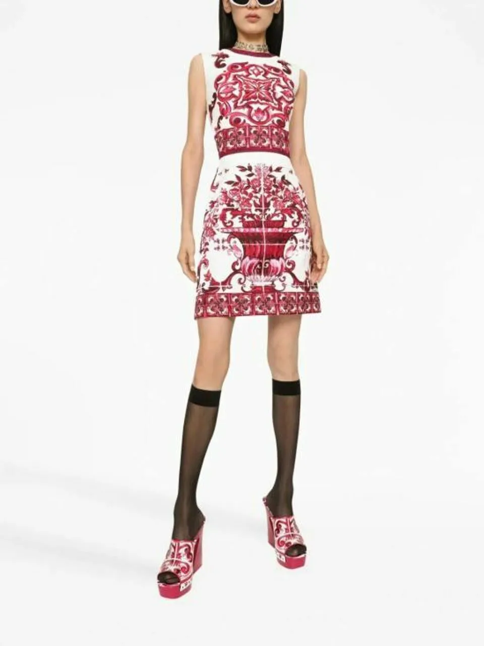 Majolica-Printed Sleeveless Mini Dress