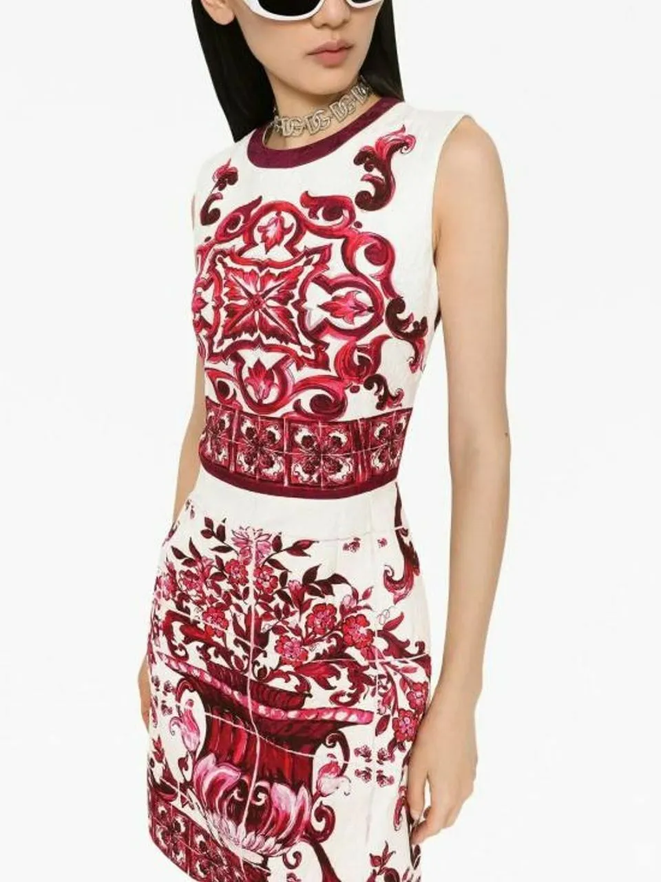 Majolica-Printed Sleeveless Mini Dress