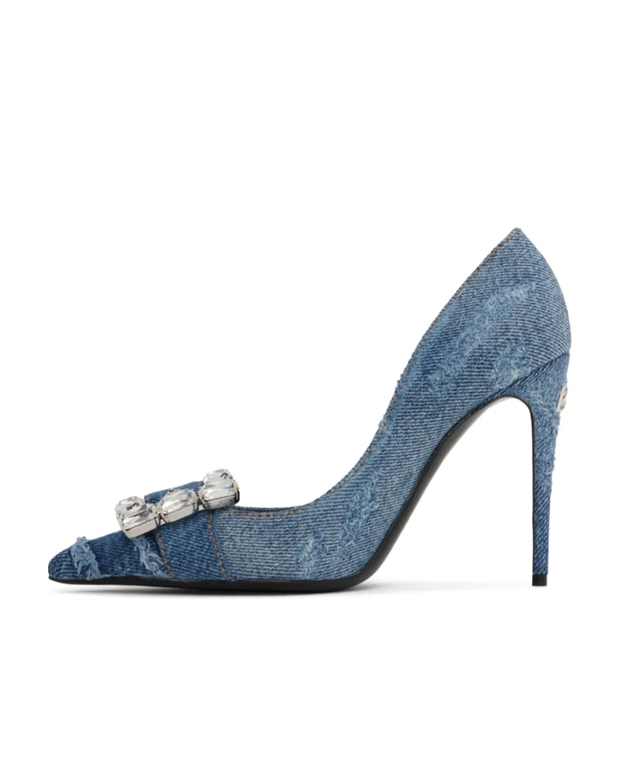 Crystal-Embellished Pointed-Toe Denim Pumps