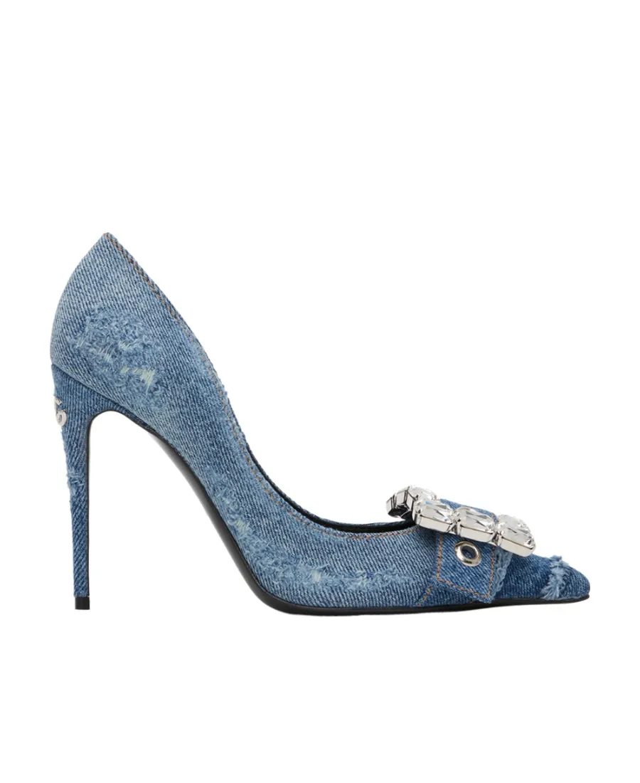 Crystal-Embellished Pointed-Toe Denim Pumps