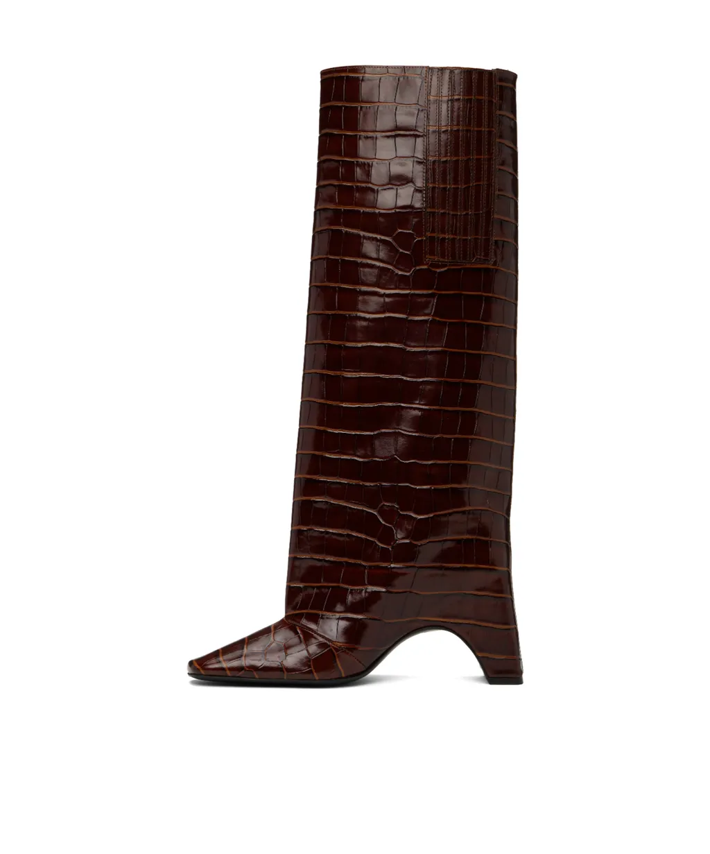 Crocodile-Effect Square-Toe Knee-High Boots