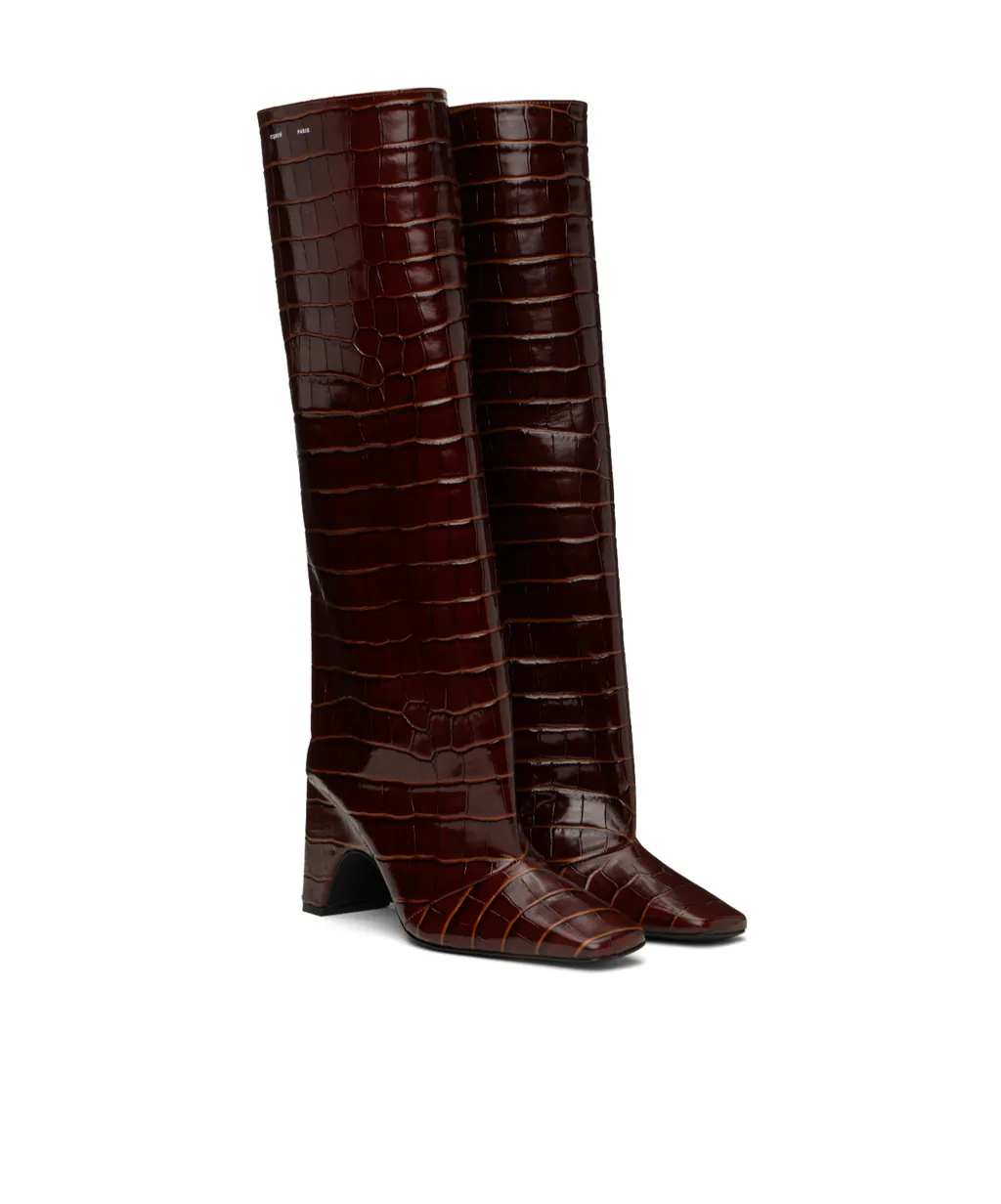 Crocodile-Effect Square-Toe Knee-High Boots