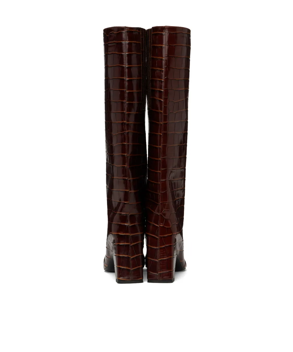 Crocodile-Effect Square-Toe Knee-High Boots