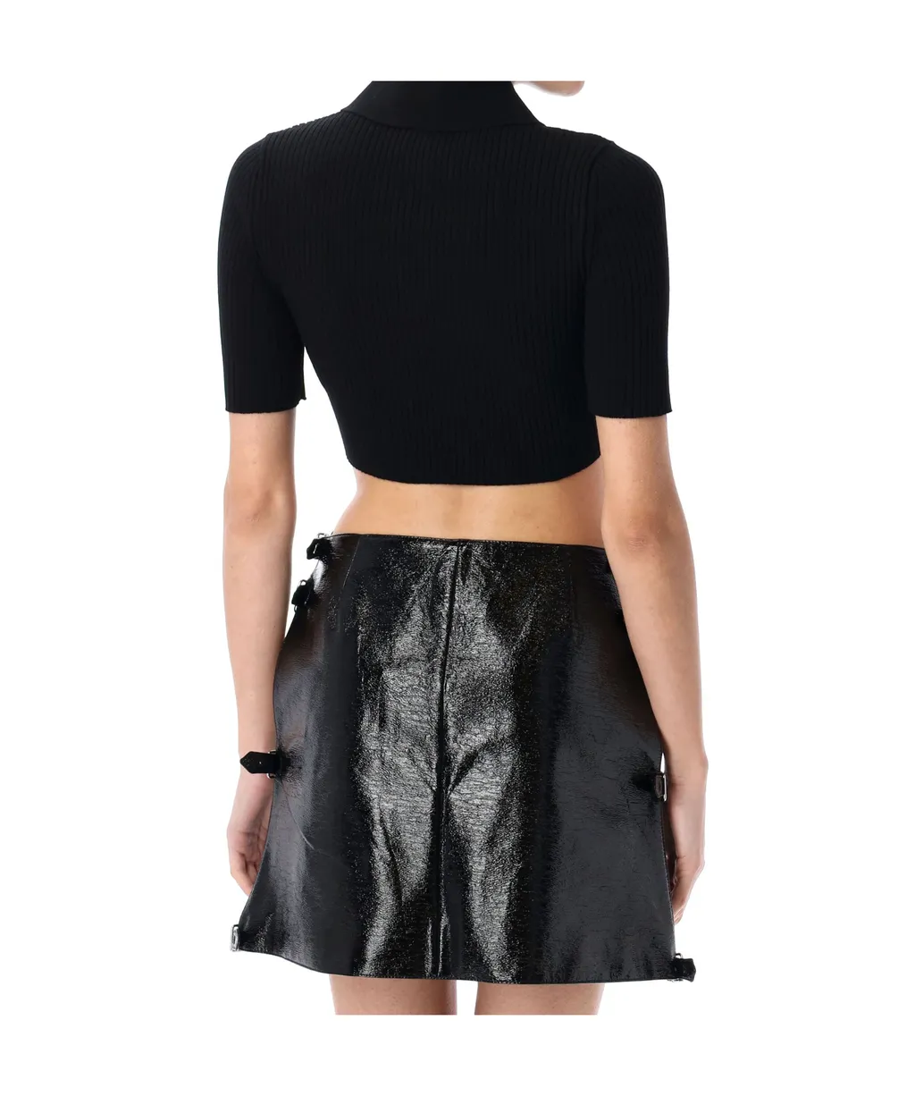 Logo Patch Ribbed-Knit Cropped Polo Top