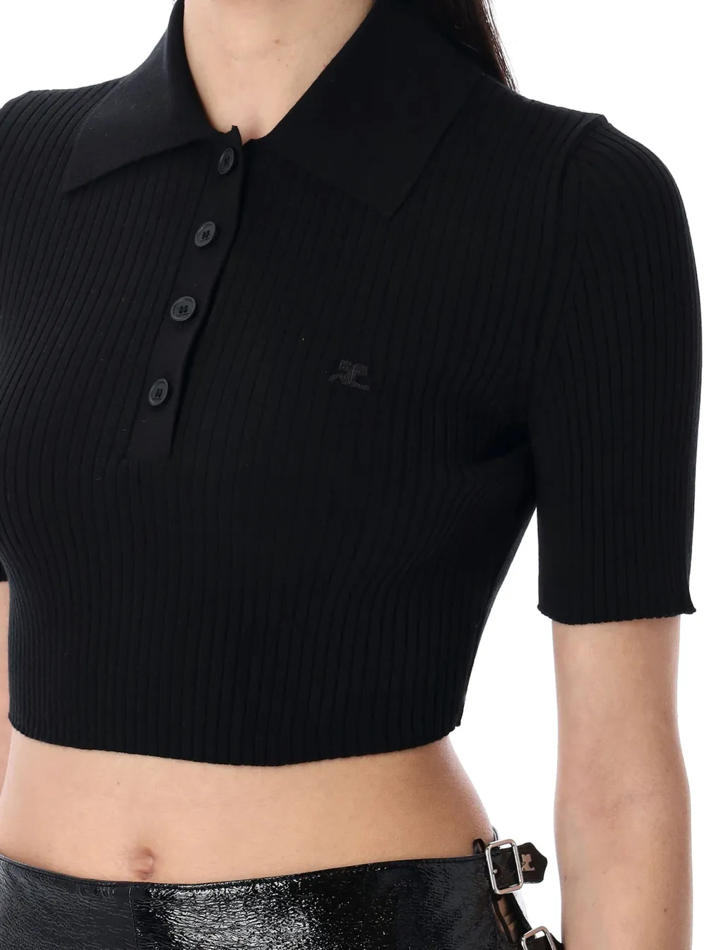 Logo Patch Ribbed-Knit Cropped Polo Top