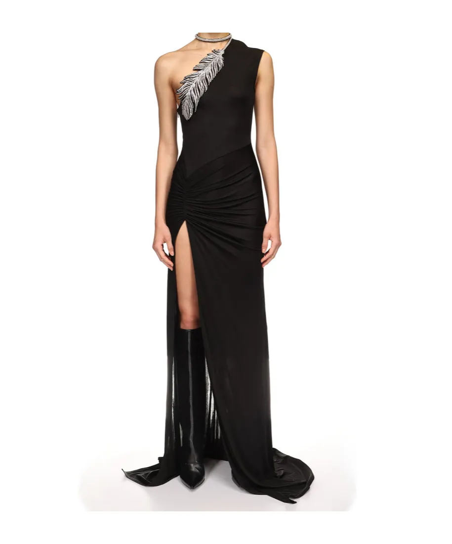 Crystal-Feather One Shoulder Gown