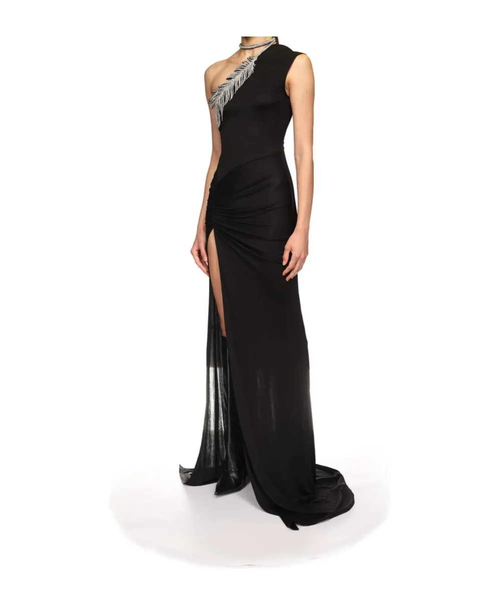 Crystal-Feather One Shoulder Gown