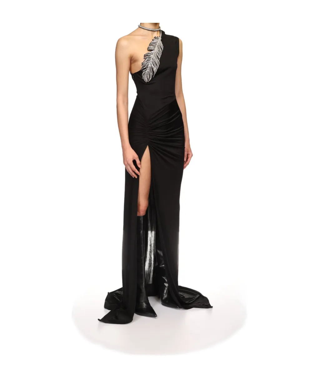 Crystal-Feather One Shoulder Gown