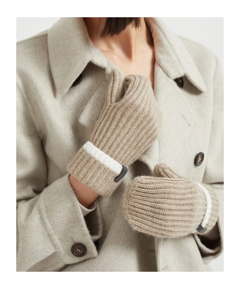 Cashmere English Rib Knit Mittens With Monili