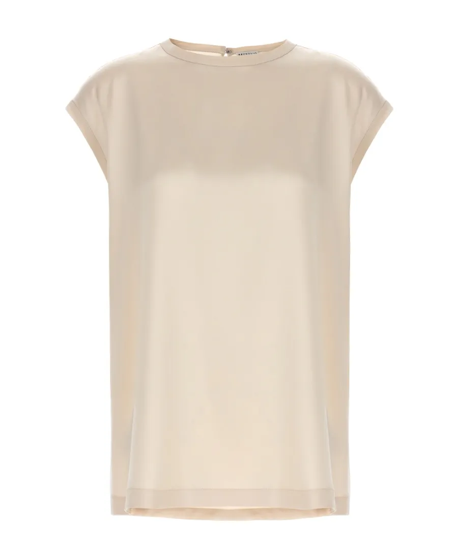 Cap-Sleeved Crewneck Satin Blouse