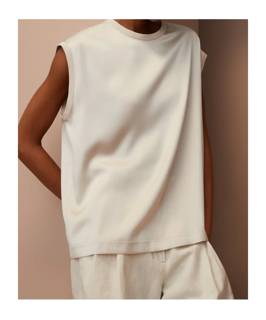 Cap-Sleeved Crewneck Satin Blouse