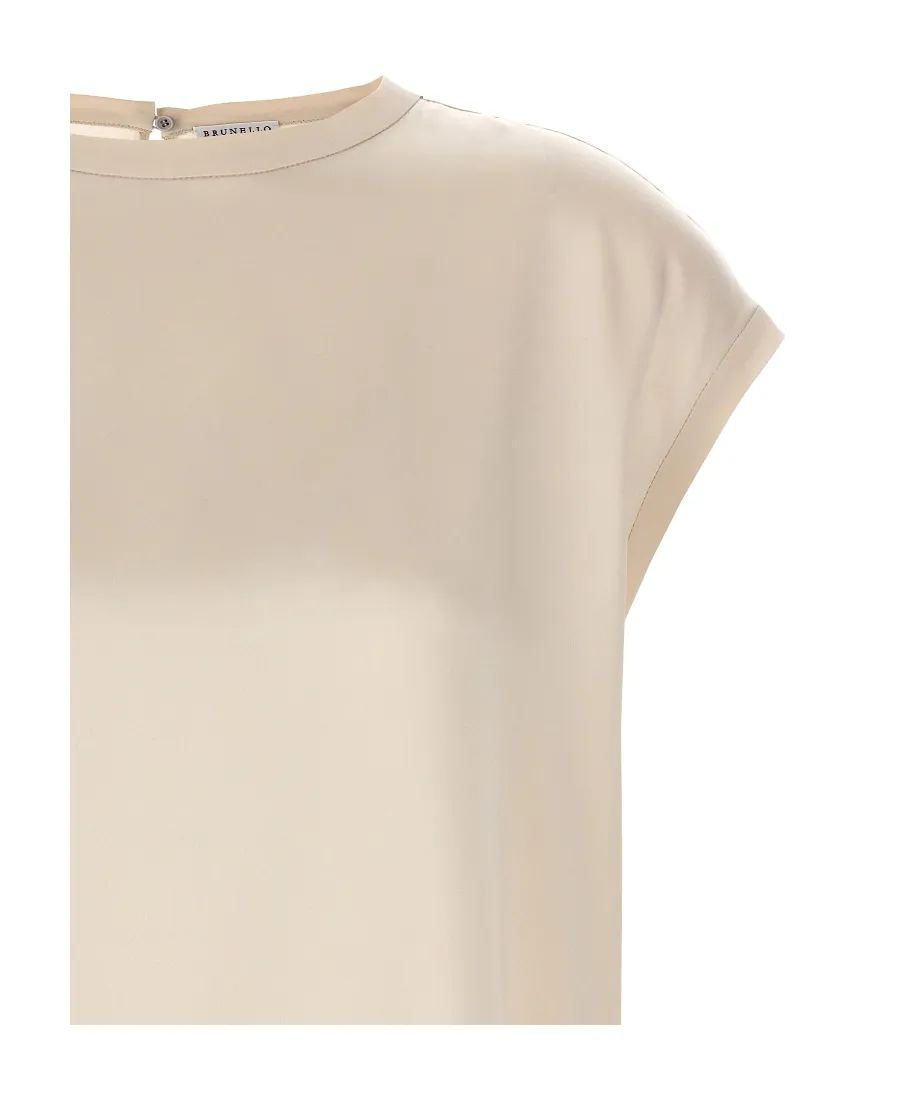 Cap-Sleeved Crewneck Satin Blouse