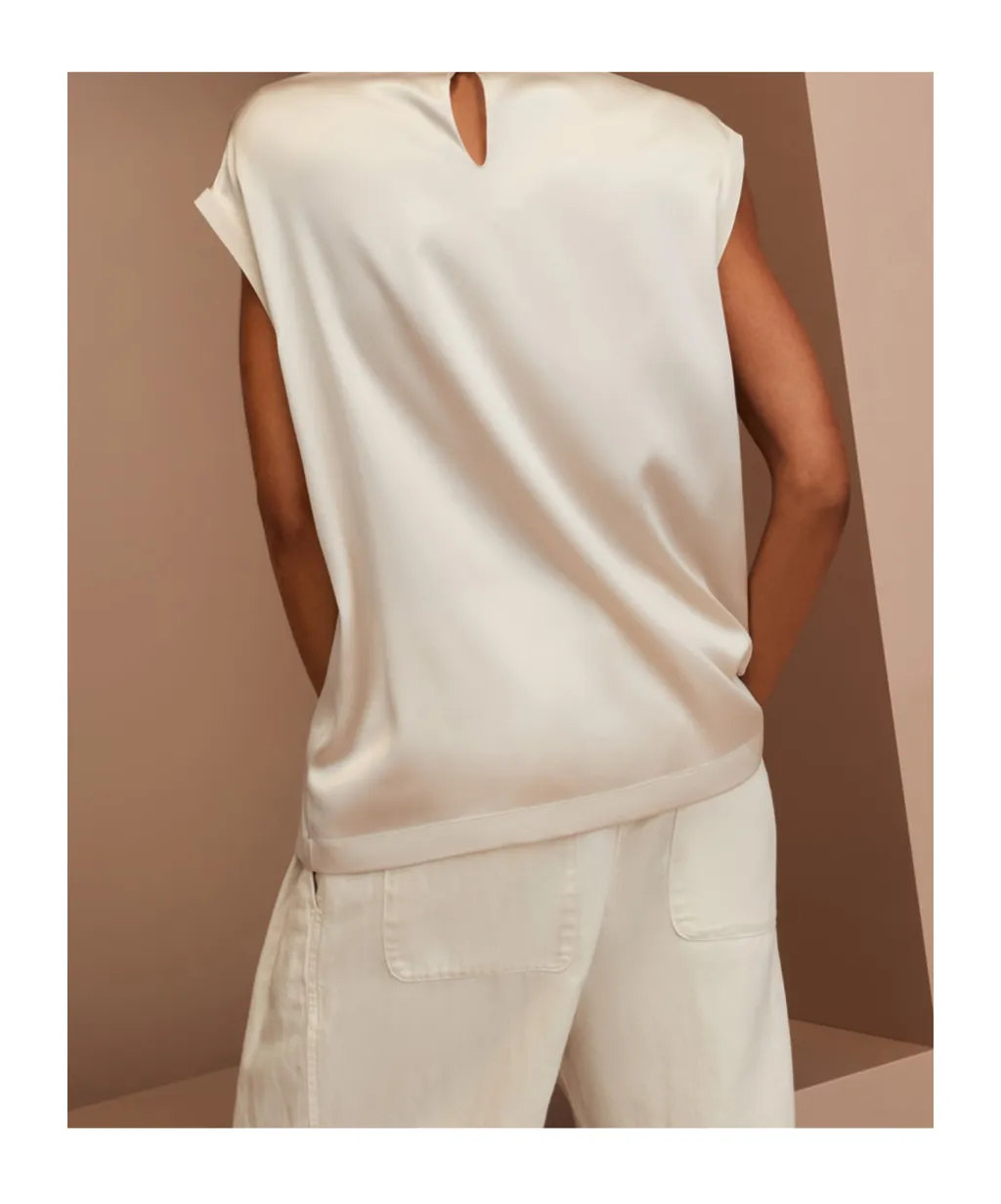 Cap-Sleeved Crewneck Satin Blouse