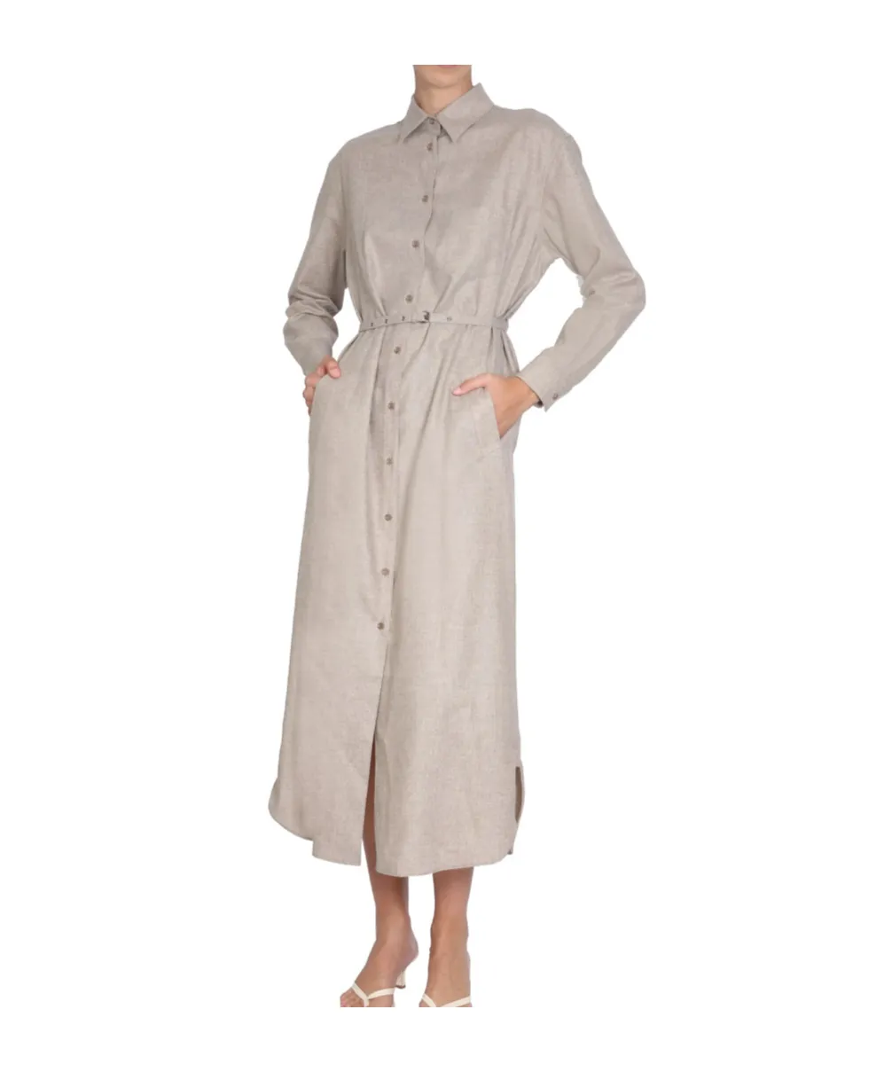 Belted-Waist Buttoned Shirt Dress