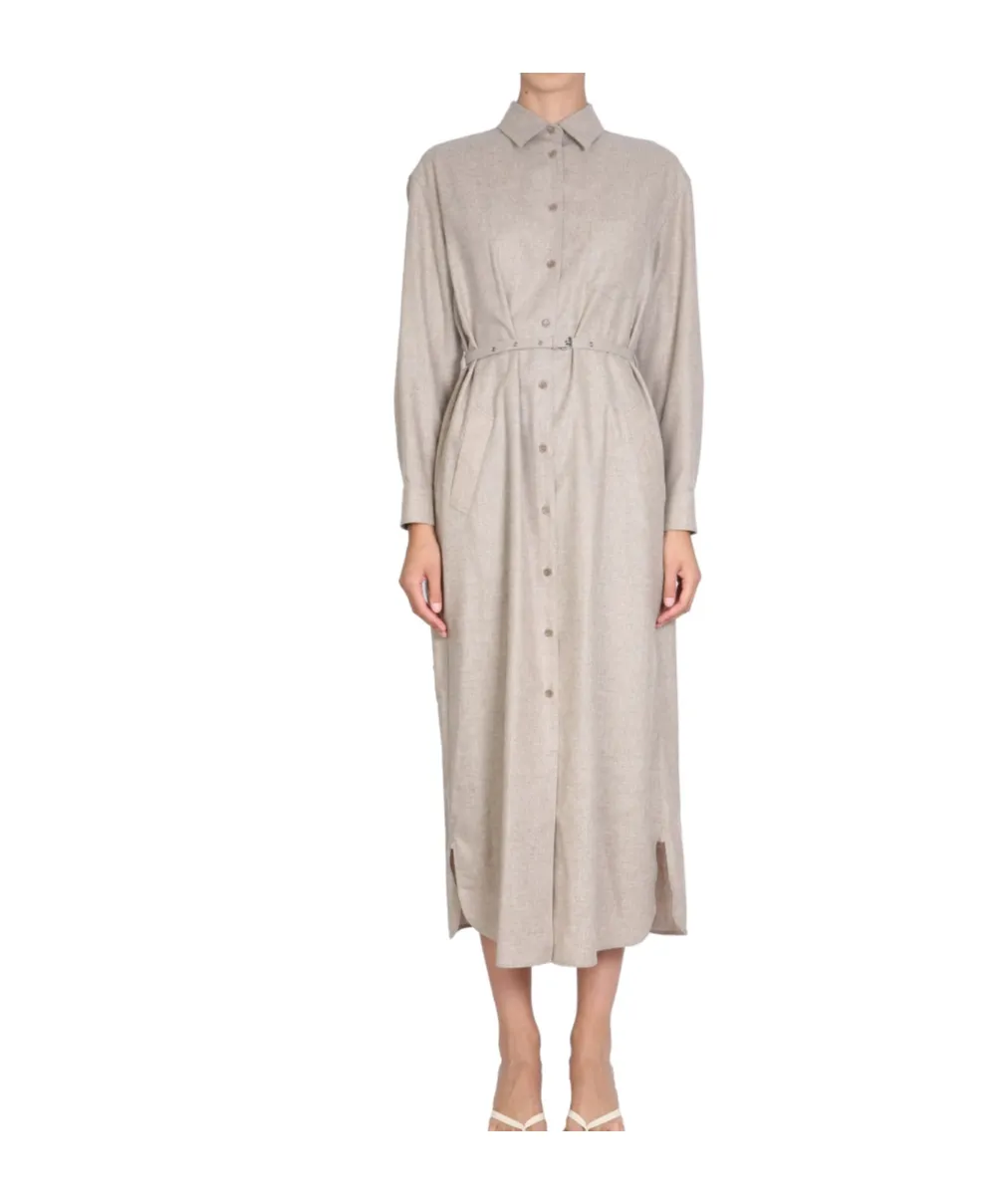 Belted-Waist Buttoned Shirt Dress