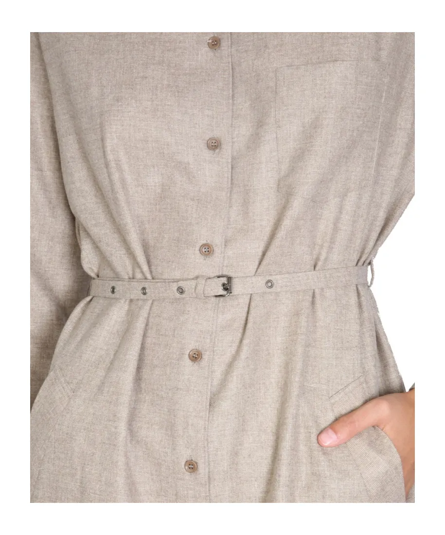 Belted-Waist Buttoned Shirt Dress