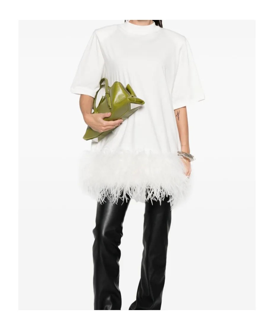 Round Neck Dress With Feather Trim