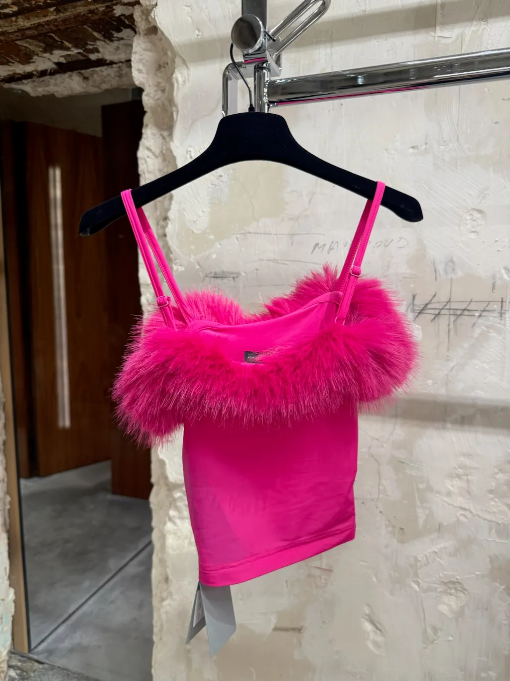 Thin-Strapped Tank Top With Fur Trim