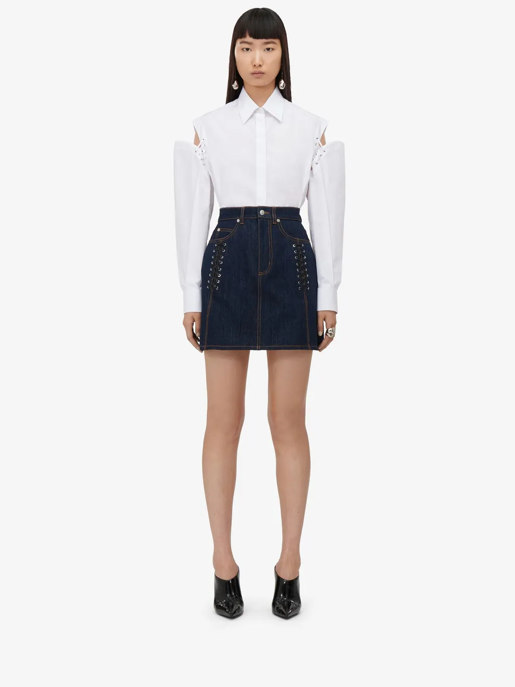 Lace-Detailed Denim Mini Skirt