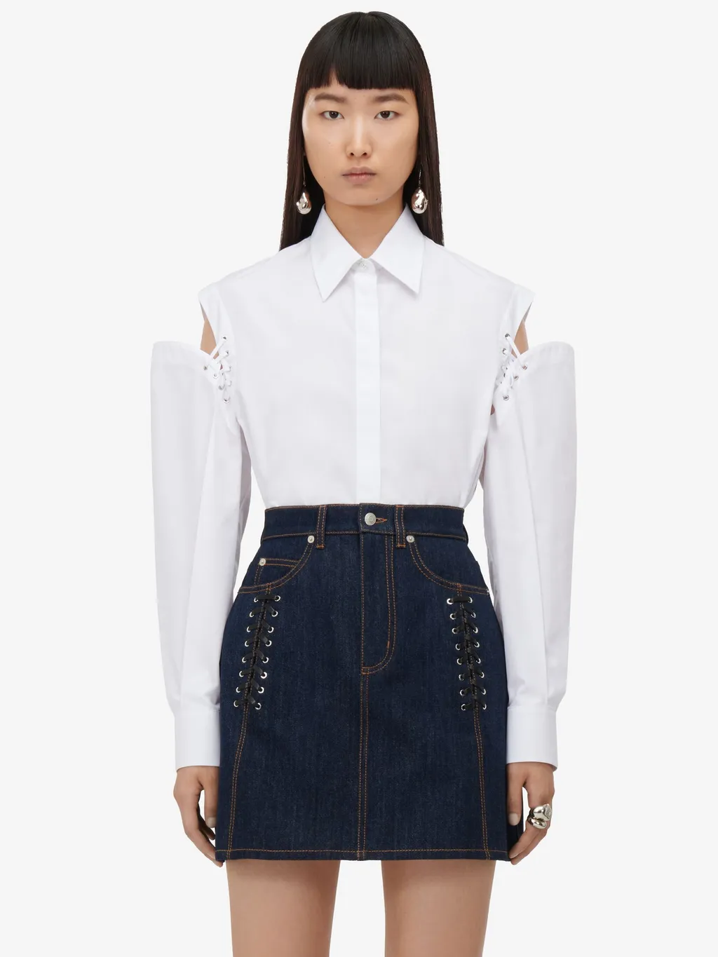 Lace-Detailed Denim Mini Skirt
