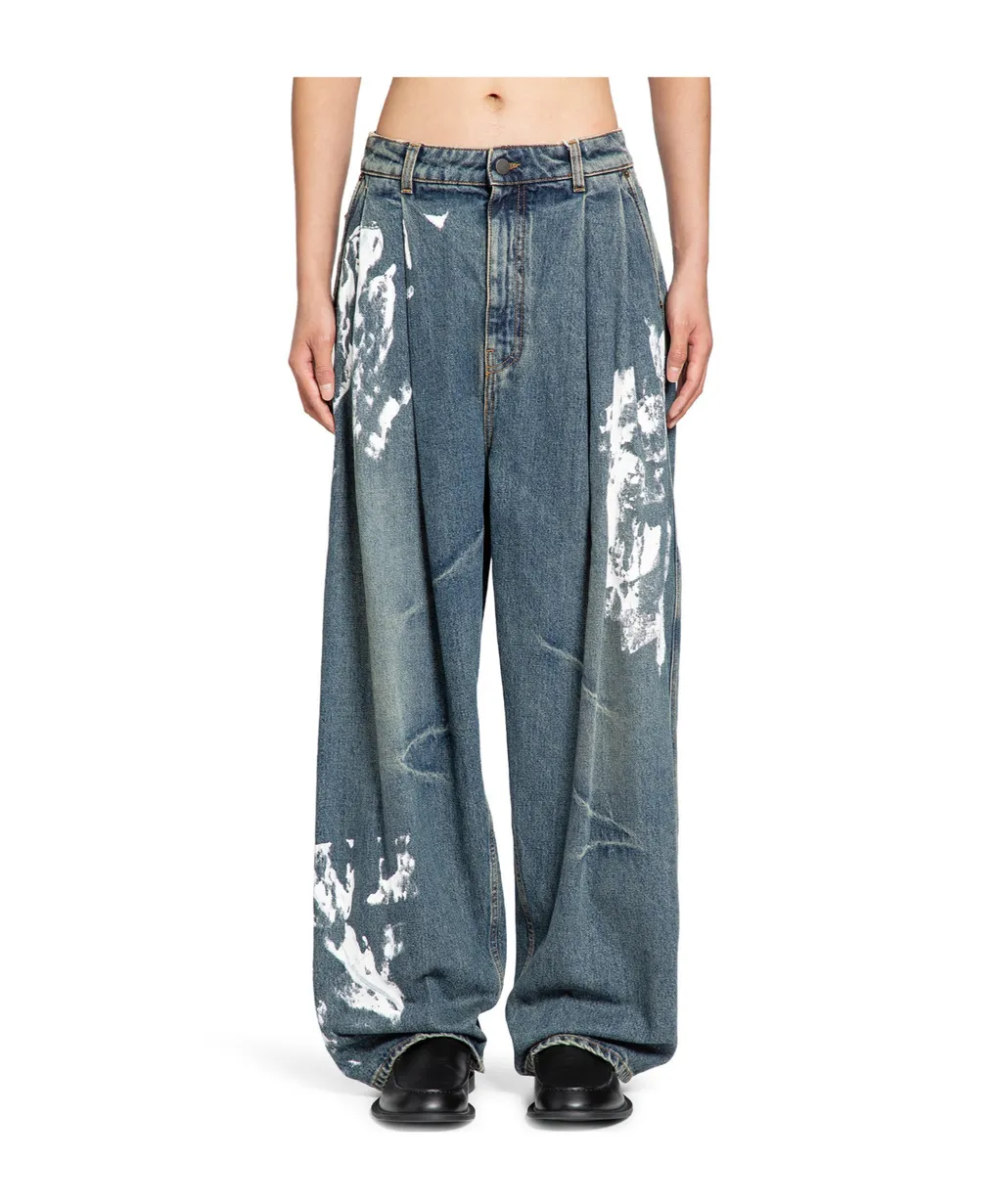 Washed Denim Pleated Jeans