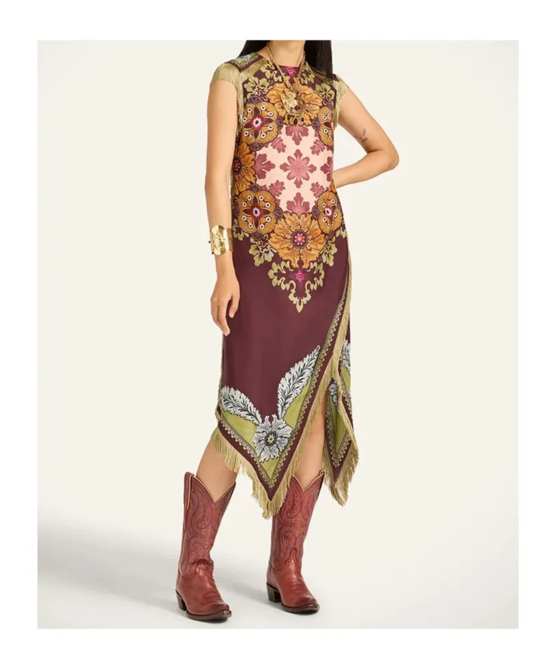 Floral-Print Fringe Asymmetric Day Dress