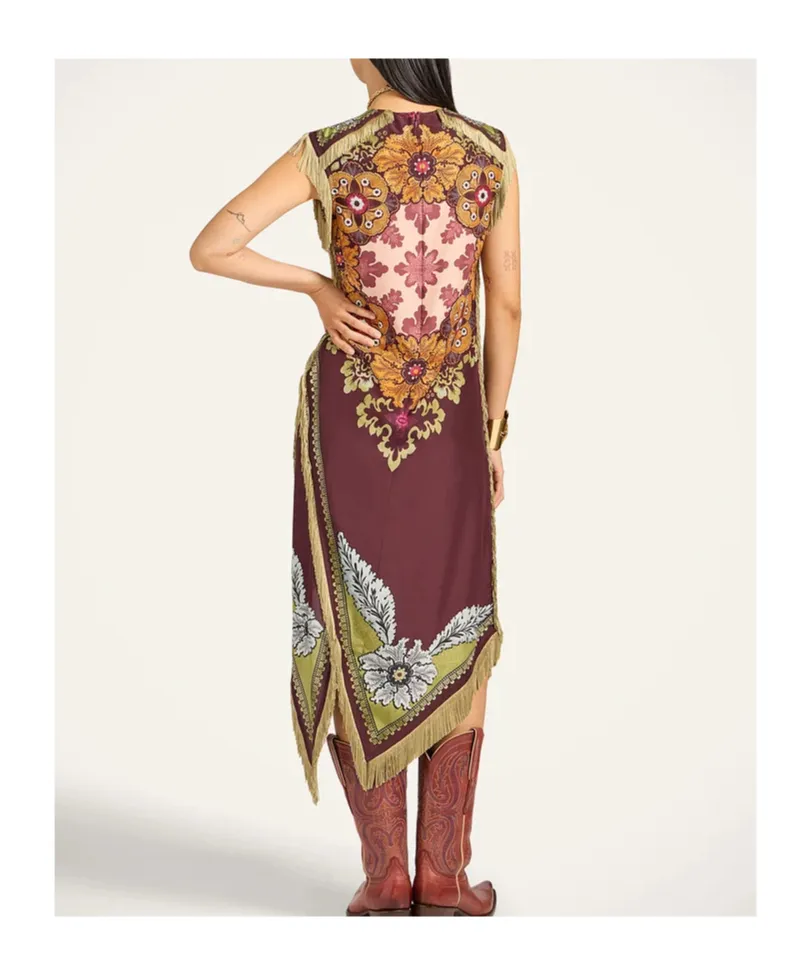 Floral-Print Fringe Asymmetric Day Dress