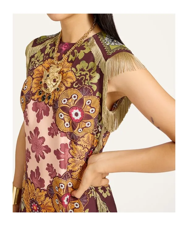 Floral-Print Fringe Asymmetric Day Dress