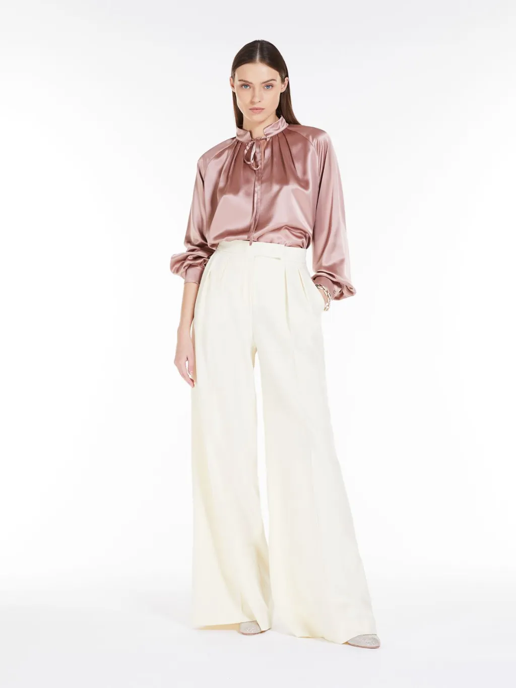 Pleat-Detail Silk Satin Blouse
