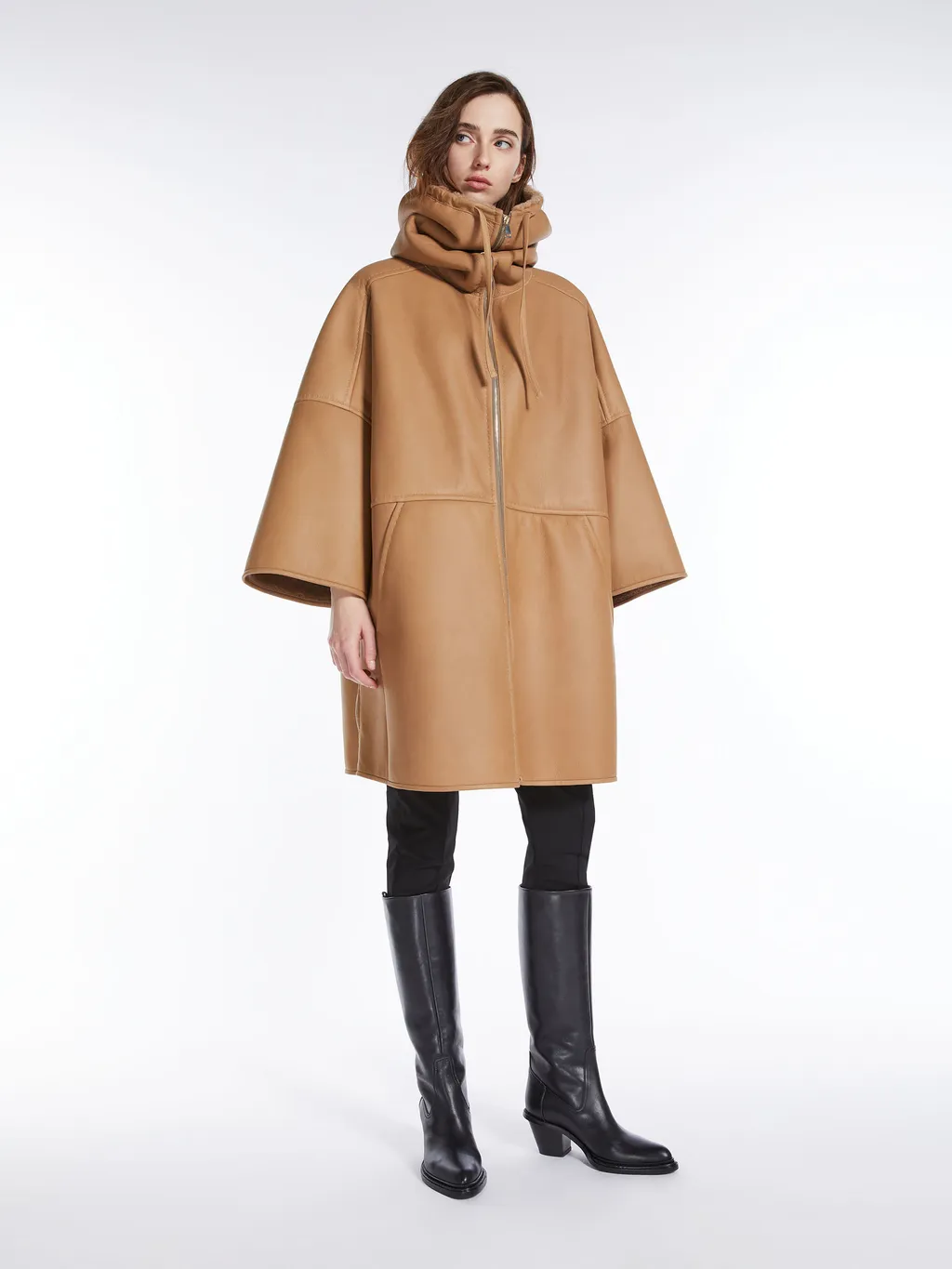Shearling-Trim Cape Coat