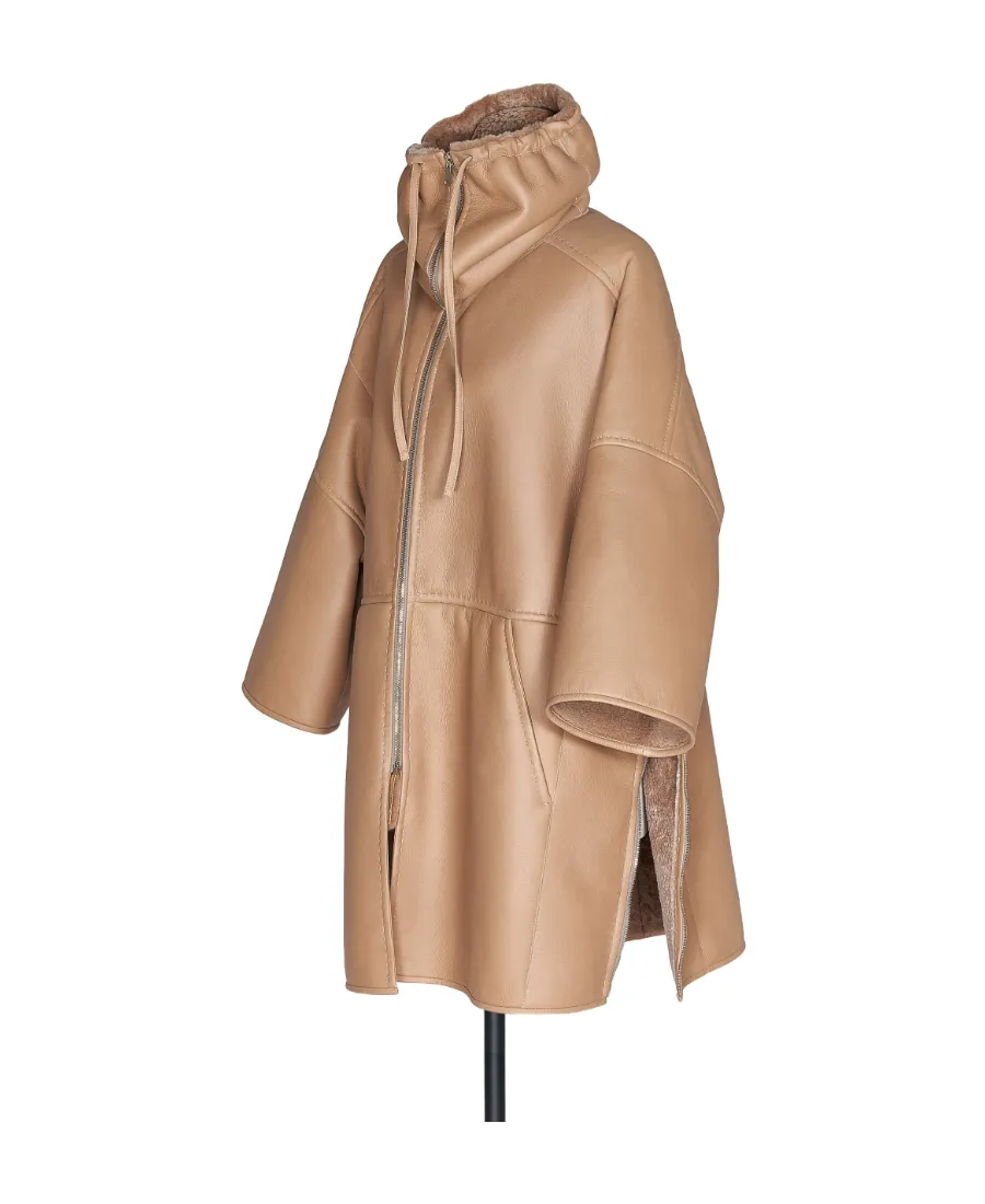 Shearling-Trim Cape Coat