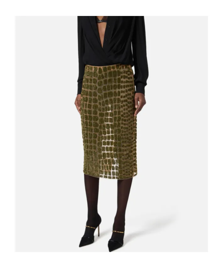 Crocodile-Effect Tulle Midi Skirt
