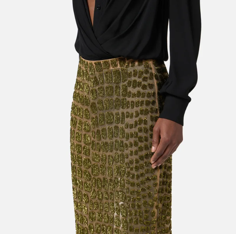 Crocodile-Effect Tulle Midi Skirt