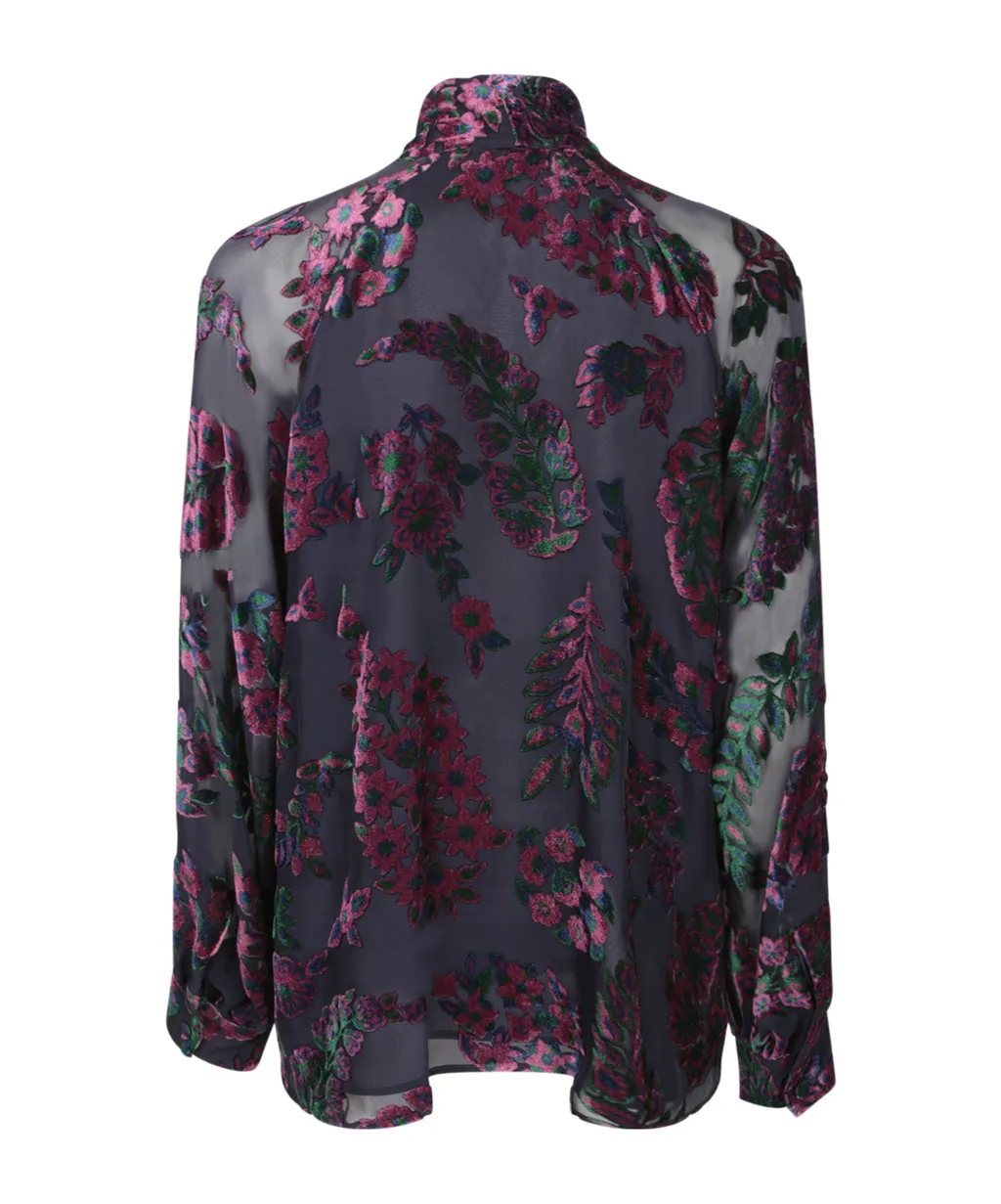Velvet Floral Printed Tied-Neck Blouse