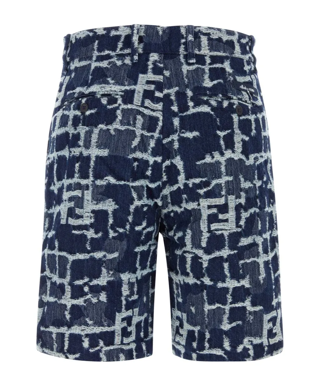 Ff Frayed Jacquard Denim Shorts