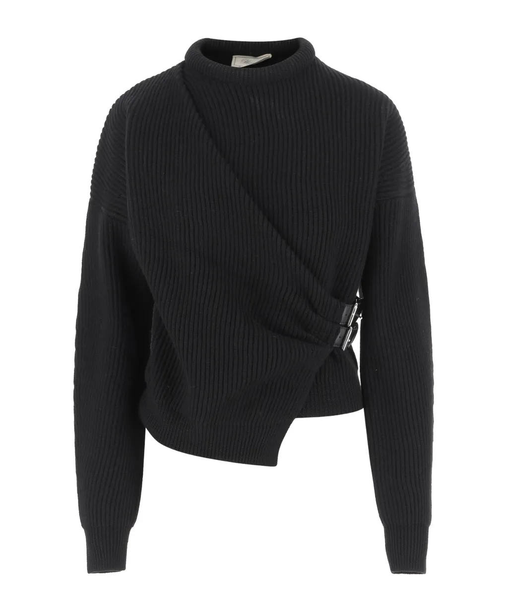 Ribbed Buckle-Fastening Sweater