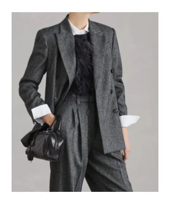 Herringbone Motif Double-Breasted Blazer