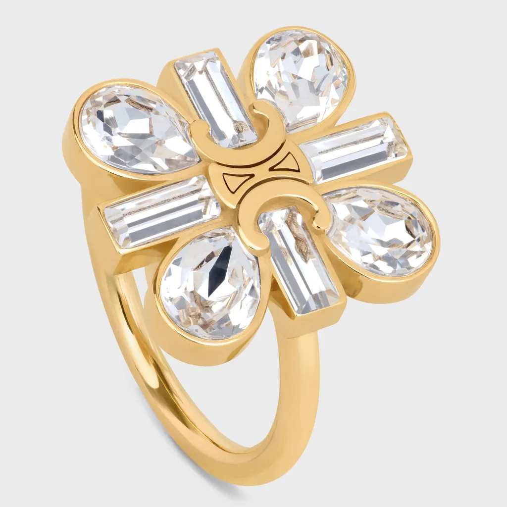 Daisy Ring In Strass And Brass With Gold Finish