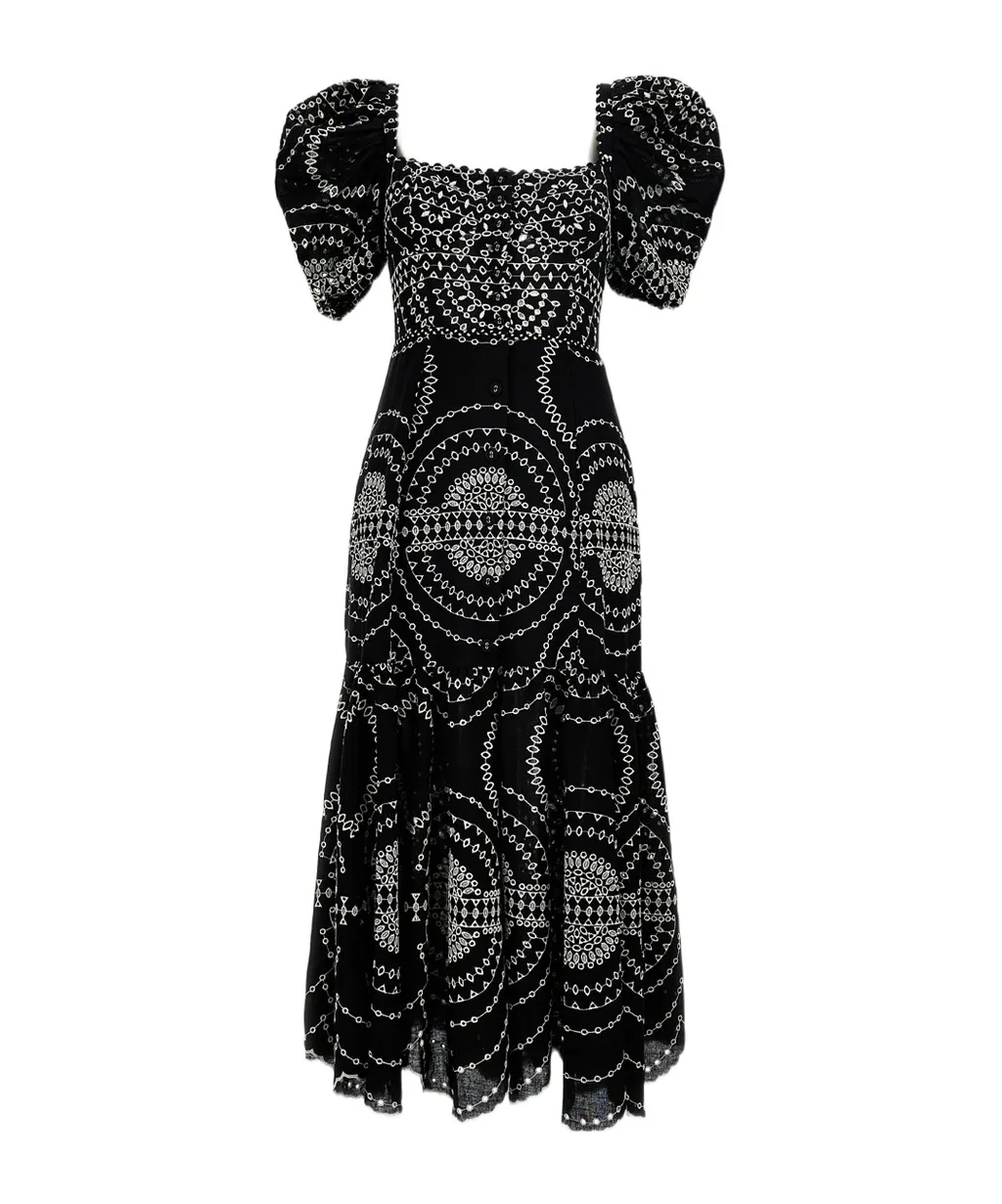 Puff-Sleeve Embroidered Dress