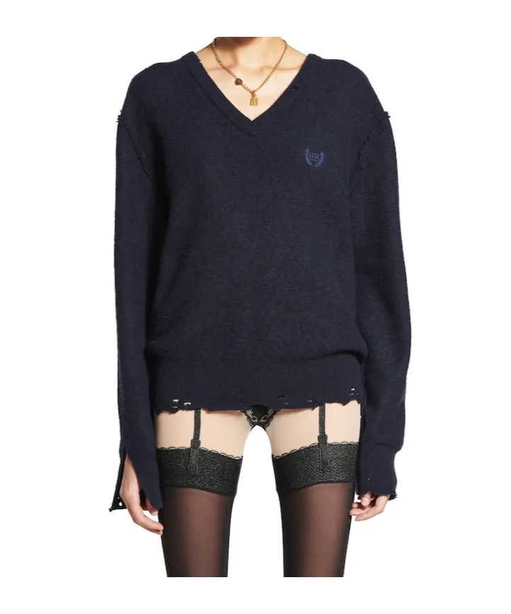 Laurel Classic V-Neck Destroyed Sweater