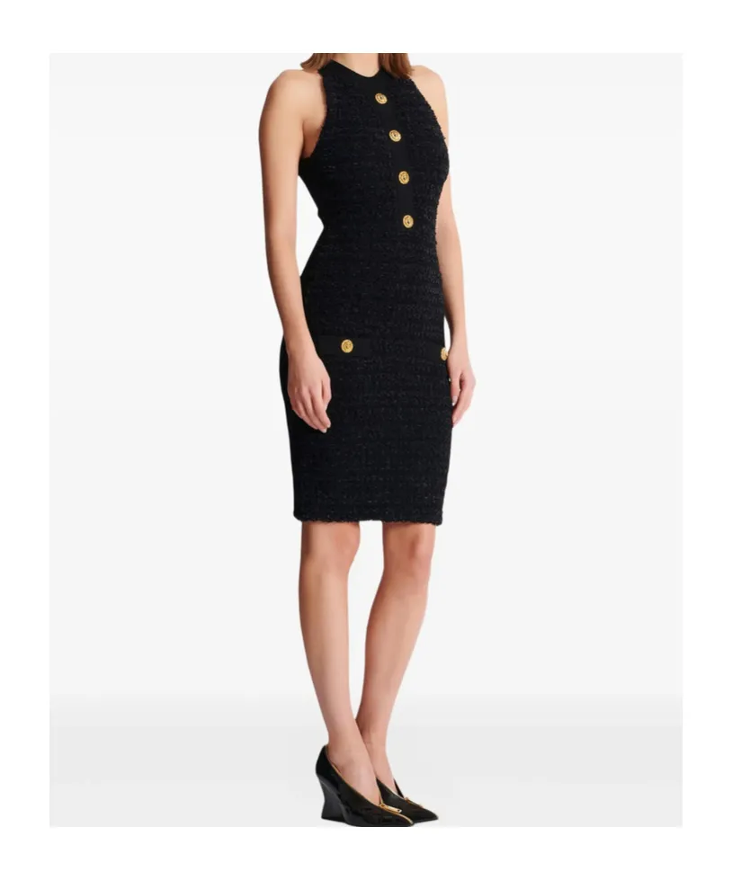 Buttoned-Pocket Tweed Mini Dress