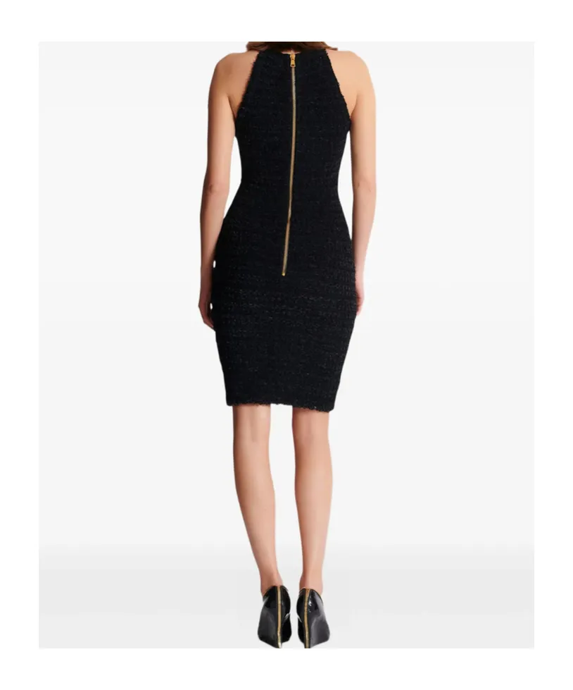 Buttoned-Pocket Tweed Mini Dress