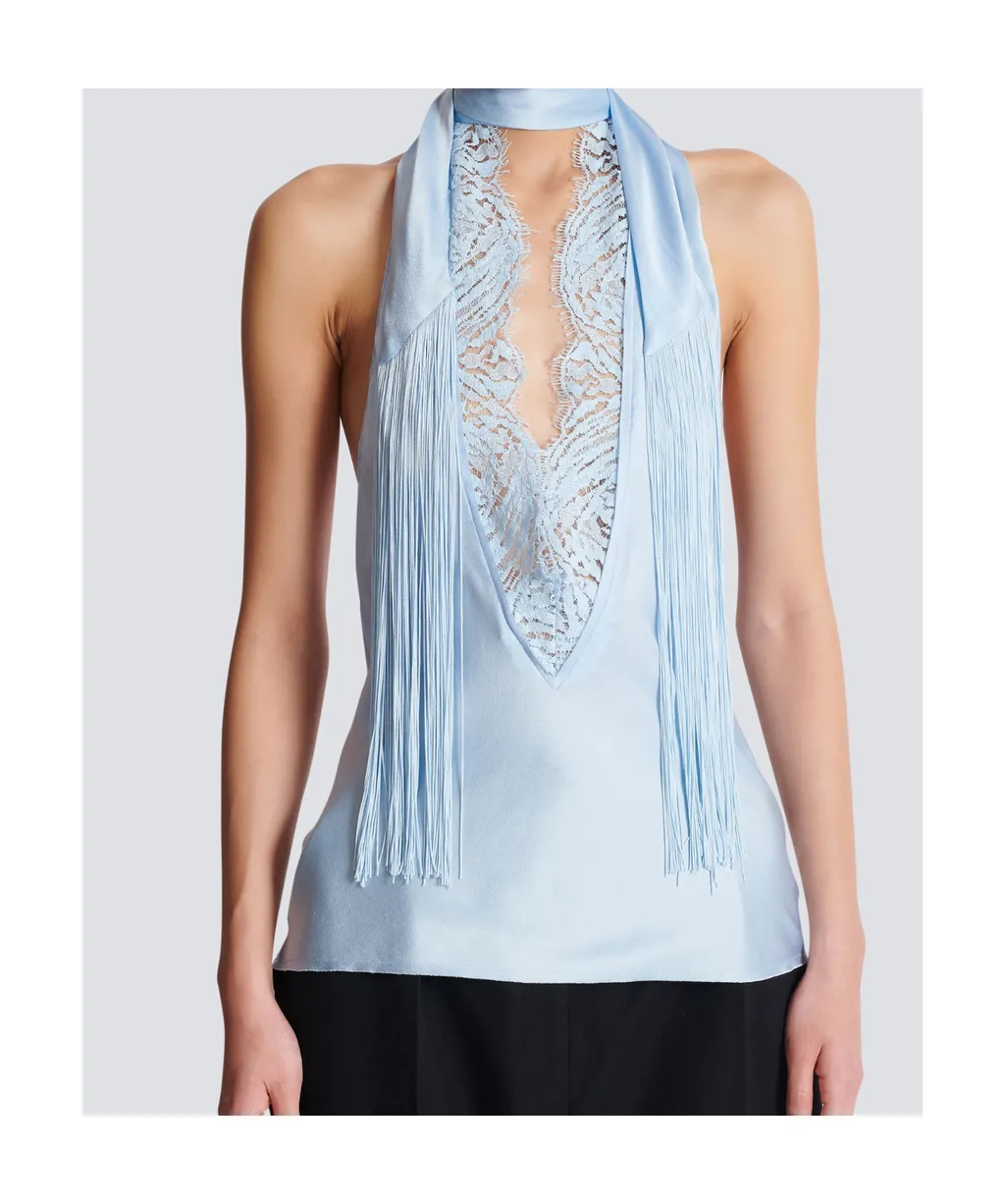 Backless Fringed Satin Top
