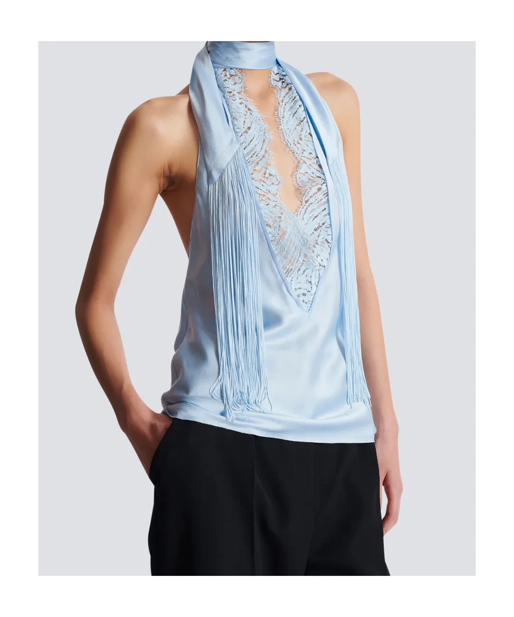 Backless Fringed Satin Top