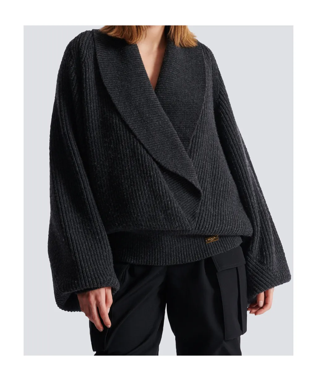 Batwing Open-Neck Ribbed Knit Sweater